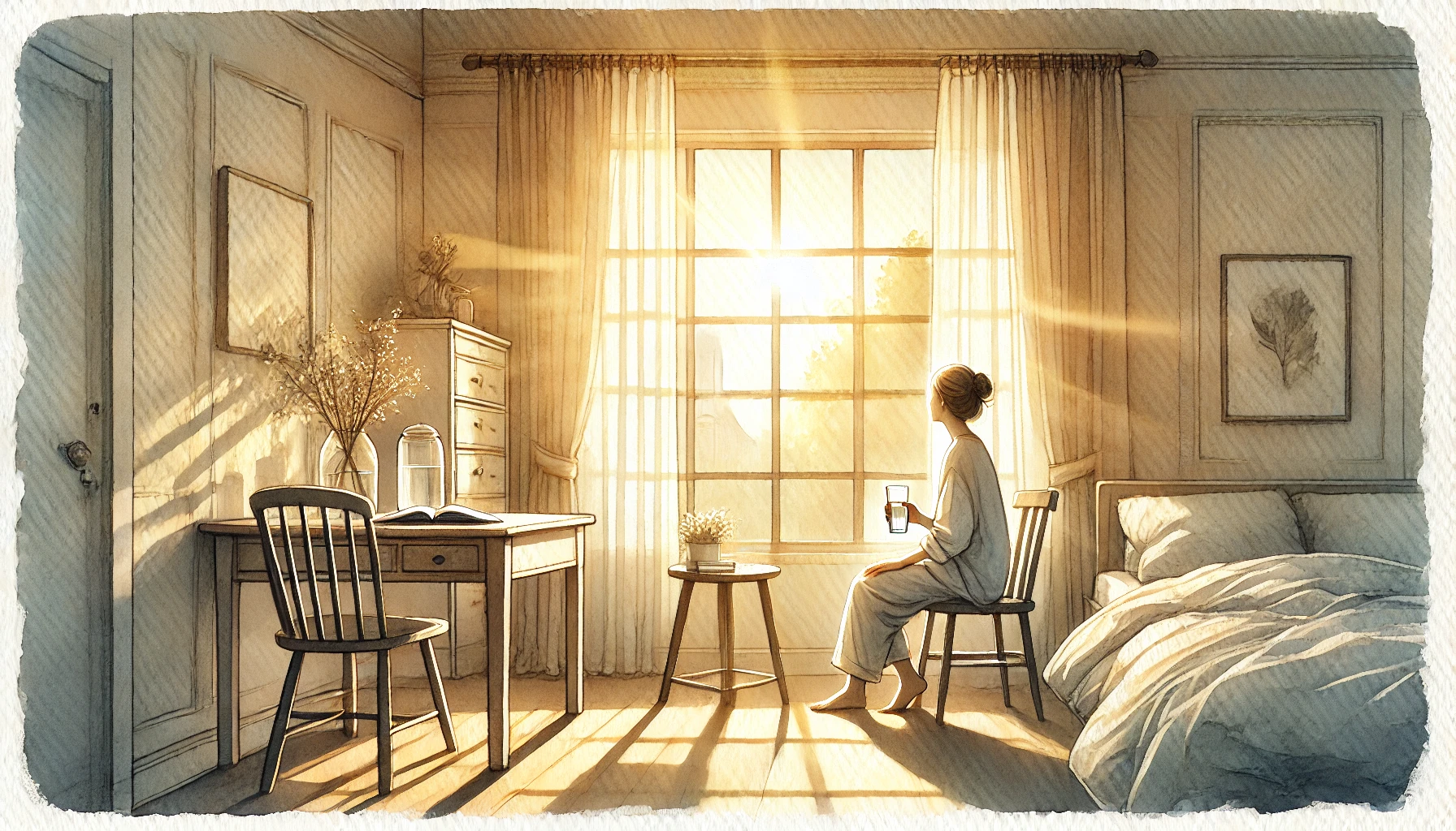 person starting good morning routines with sunlight water and notebook creating a healthy morning routine for productivity