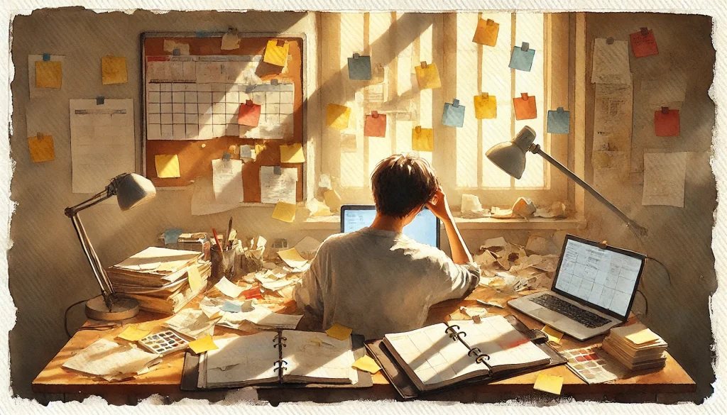 Person feeling overwhelmed with planners and sticky notes representing common struggles in finding the best way to build habits