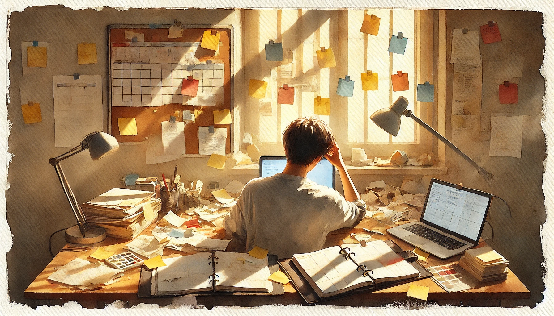 Person feeling overwhelmed with planners and sticky notes representing common struggles in finding the best way to build habits