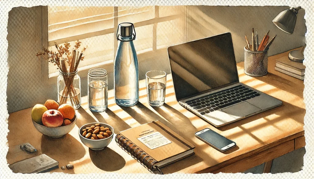Organized workspace with water bottle and minimal distractions showing environment design for successful habit formation