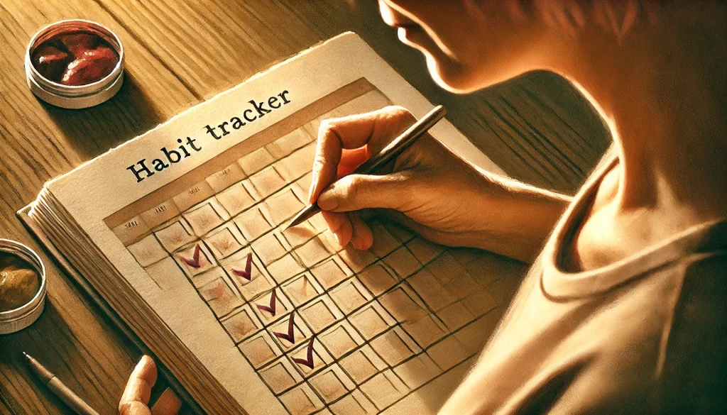 Person checking off habit tracker highlighting immediate rewards in building consistent habits
