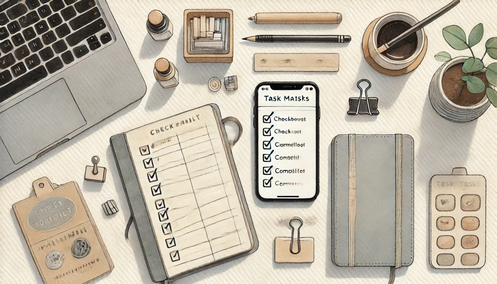 smartphone task management app and notebook checklist used to remember tasks and stay organized