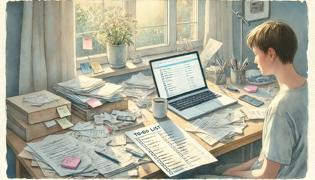 what is the 3 3 3 rule for productivity showing overwhelming to do list and messy workspace