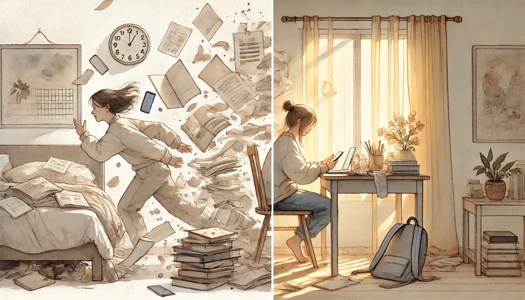 What is the best morning routine for a student? best morning routine for a student showing focused vs distracted morning routine for students comparison